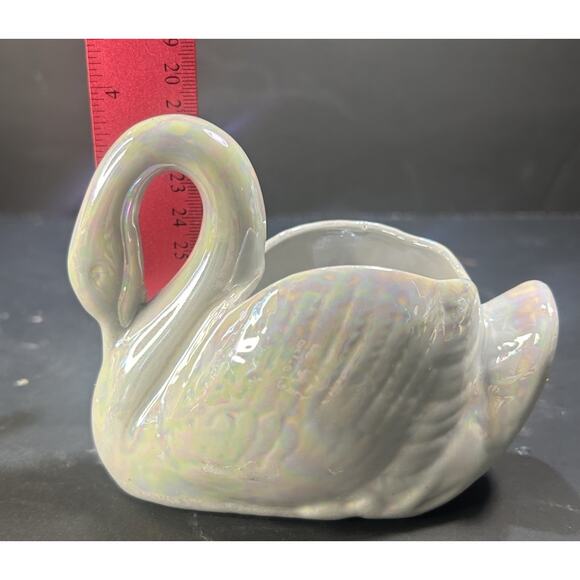 Vintage Cerami Off White blueish iridescent Swan Planter/trinet Vase 5.5 X 4 - Picture 9 of 9